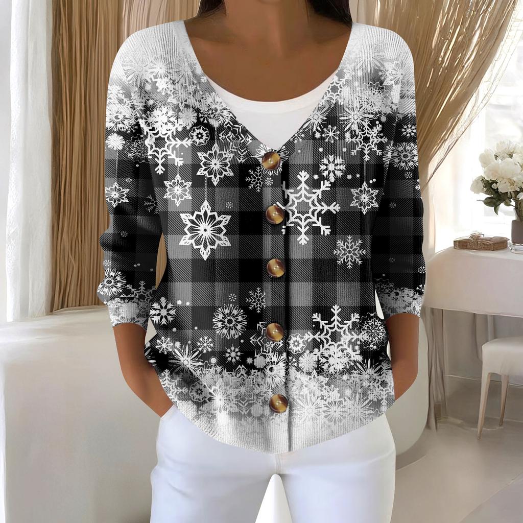 Damemote Langermet Christmas Snowman Snowflake Print Jakke Cardigan