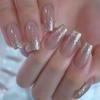 24Pcs Glossy Ballet Press On Nail with Glitters French Tips Full Cover Artificial Nail Manicure Decoration for Women