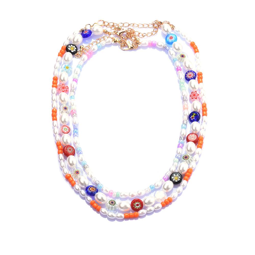 Fresh And Cute Colored Glazed Flower Pearl Necklace Beach Wind Handmade Beaded Necklace Temperament Collarbone Chain Jewelry