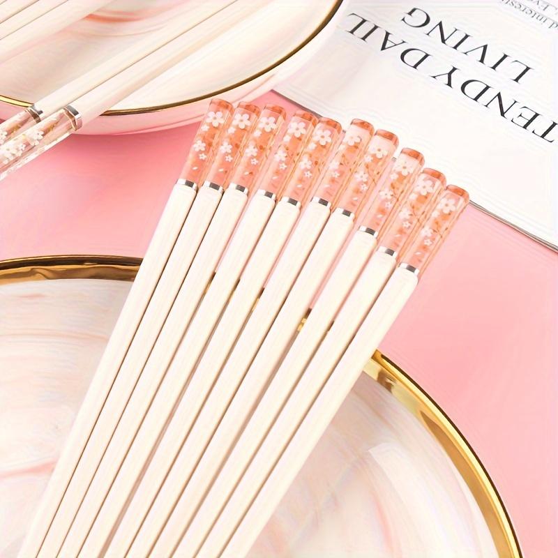 Sakura Theme Gift Chopsticks Set, 5 Pairs (24cm) with Decorative Stand, High-Quality Alloy, Smooth Finish & Comfortable