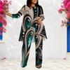 Women Plus Size Round Neck Long Sleeve Green Black Gold Printed Layered Top And Long Pants Two Piece Set