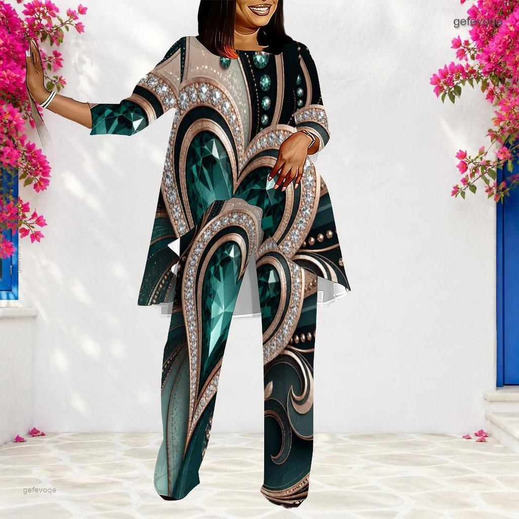 Women Plus Size Round Neck Long Sleeve Green Black Gold Printed Layered Top And Long Pants Two Piece Set