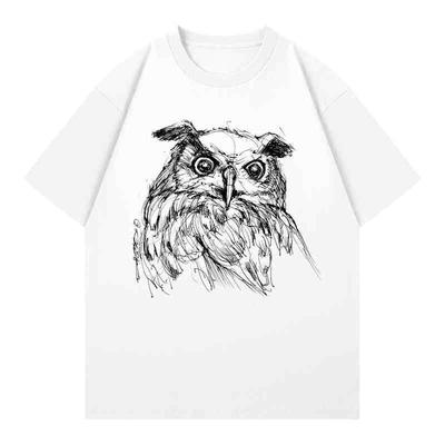 Camiseta de Algodón Moda y Cómoda Otoño e Invierno 2025 Estampado de Búho Pintado a Mano Camiseta Unisex Tallas Grandes para Pareja