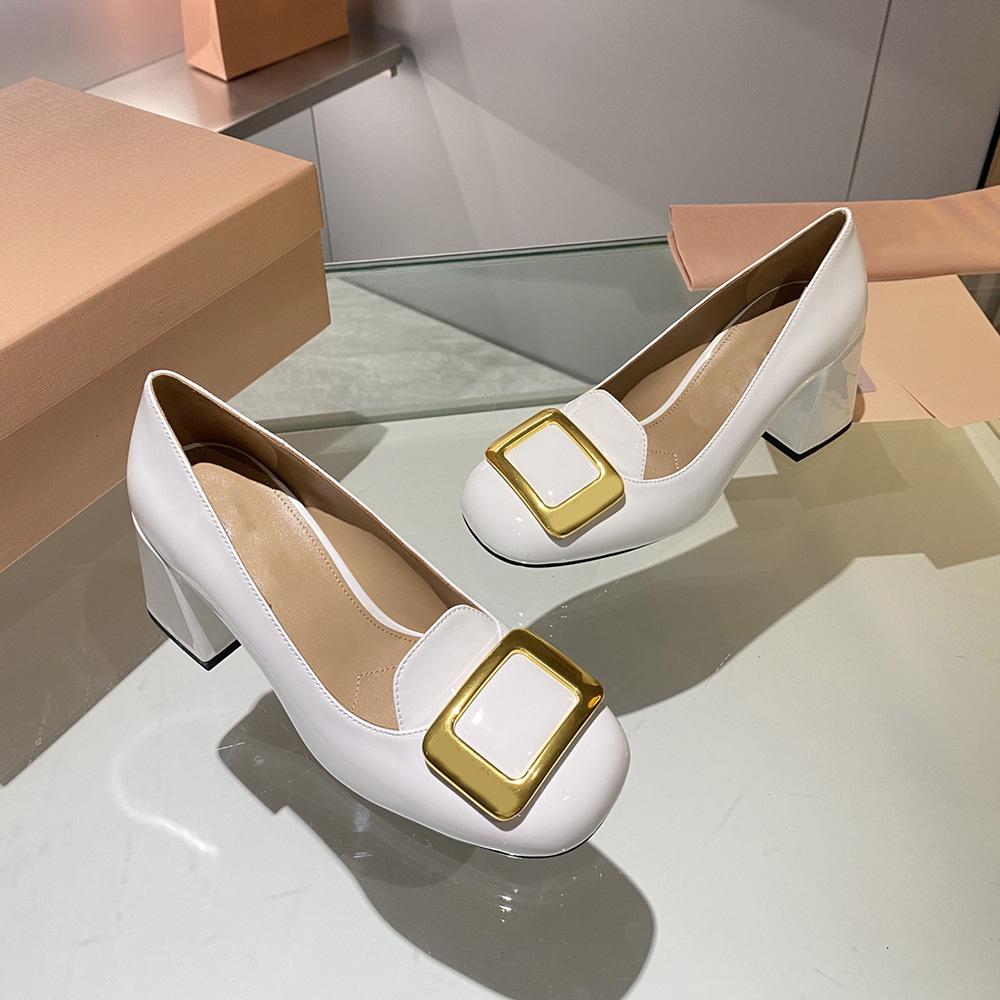 Mary Janes mit dickem Absatz und quadratischer Schnalle, Einzelne Schuhe, Hoher Absatz, Quadratische Spitze, Flacher Ausschnitt, Vintage-Lackleder, Lefu-Schuhe