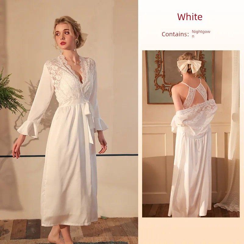 

New Arrival Lace Trim Sexy Nightgown/Bathrobe Exquisite Elegance Easiest for Match Robe/French Royal Style Pajamas Pajamas White L