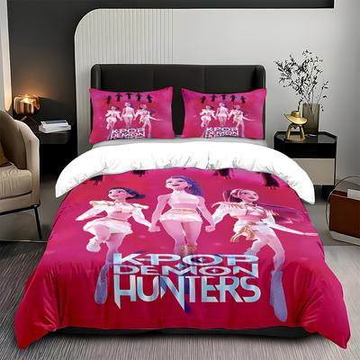 K-Pop Dämonenjäger Themen Bettwäsche Set Bunter Druck Polyester Studentenwohnheim Bettlaken Bettbezug Kinder Geschenk Heimtextil