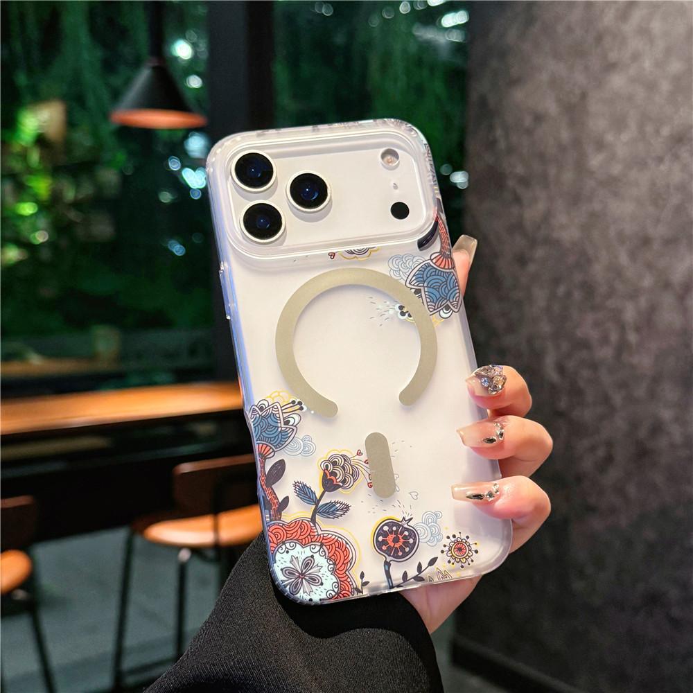 Suitable for iPhone 17 Promax Phone Case, Apple 17 Matte Skin Texture Flower 17 Pro Semi Transparent Magnetic Suction Case