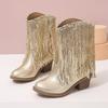 Women's Boots Tassels Square Heel Velvet Ankle Boot Sequin Fashion Women Silver Gold Pink Pointed Toe Mid-calf Boots Size 31-35
