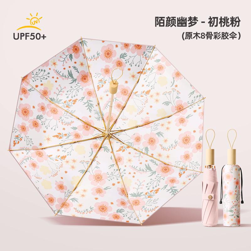 New 8-bone Hand Open Color Glue Fabric Parasol Three-fold Sunscreen Umbrella Folding Sun Umbrella Weather and Rain Muse Umbrella