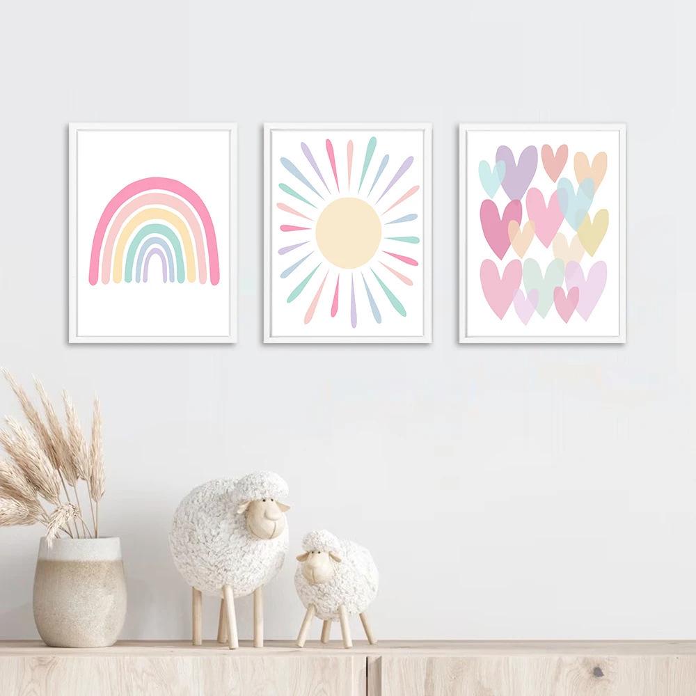 Nordic Pink Watercolor Heart Wall Art for Girls' Bedroom