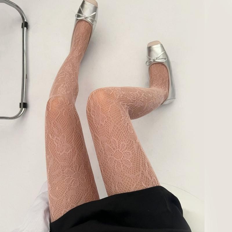 Women Sunflower Jacquard Pattern Fishnet Tights Stockings Sexy Hollowed Sheer Mesh Lace Solid Colored Pantyhose Leggings
