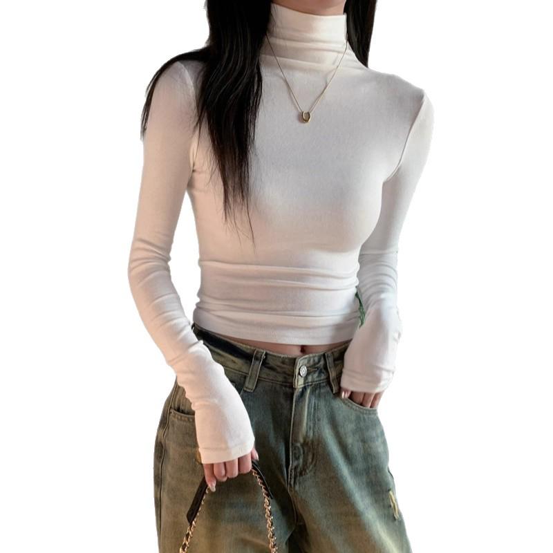 Women's Retro Ribbed Long Sleeve Turtleneck Base Layer Shirt for Autumn/Winter