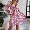 Women's Casual Floral Long Sleeve Wooden Earring A-line Dress Sexy Women's Floral Dresses