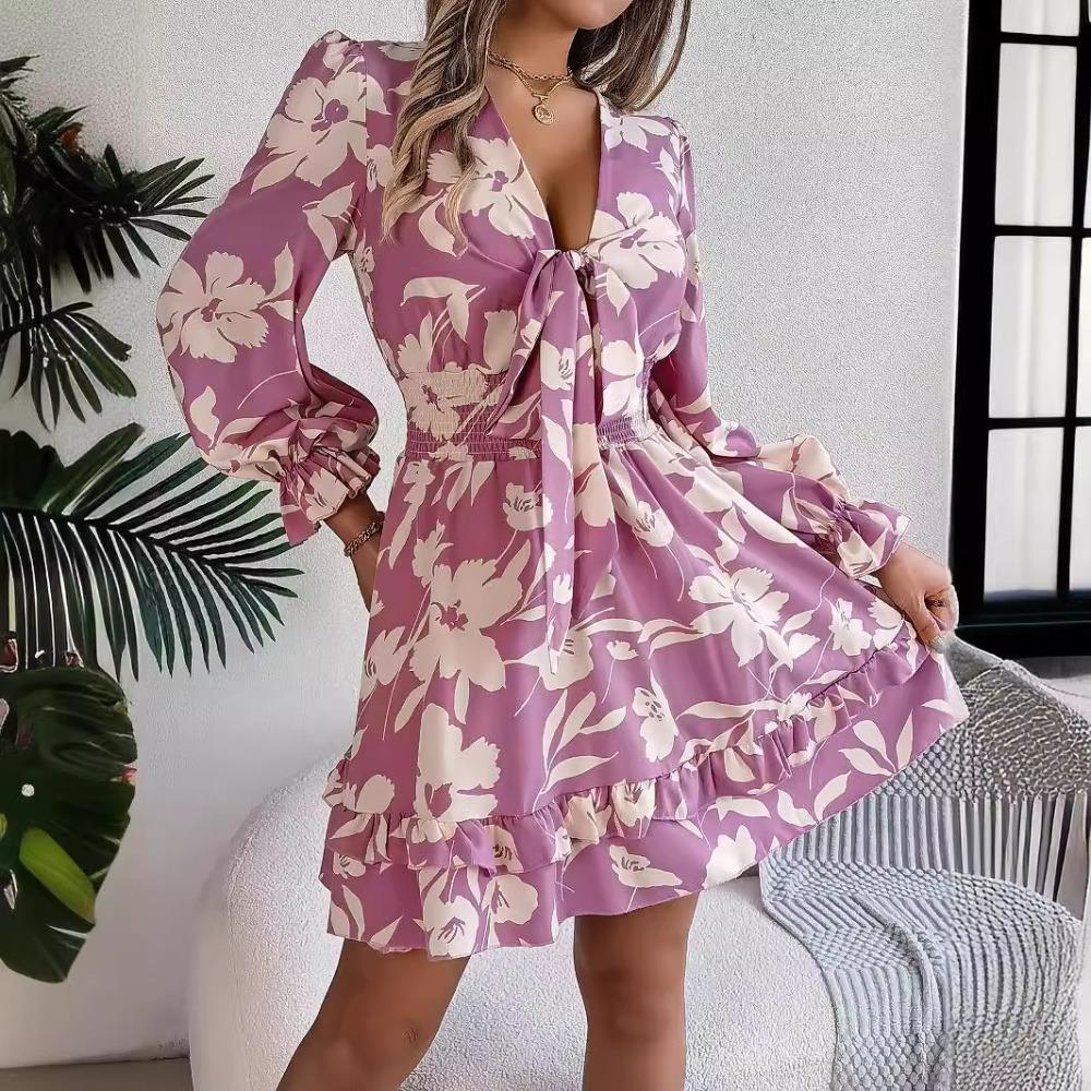 Women's Casual Floral Long Sleeve Wooden Earring A-line Dress Sexy Women's Floral Dresses