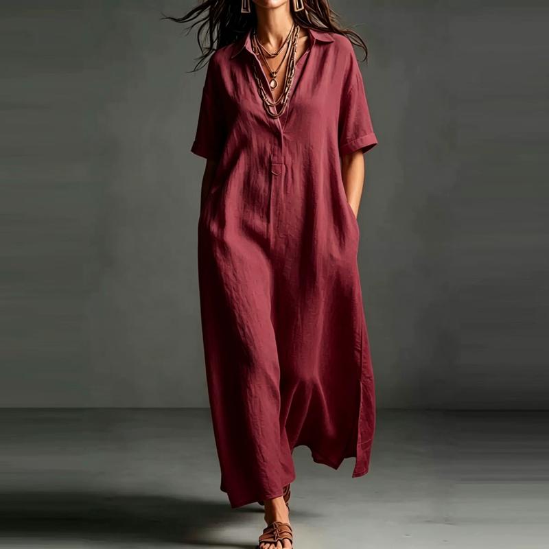 Vintage Summer Simple Casual Dress Solid Color Lapel Short Sleeved Loose Pullover Shirt for Office Dresses