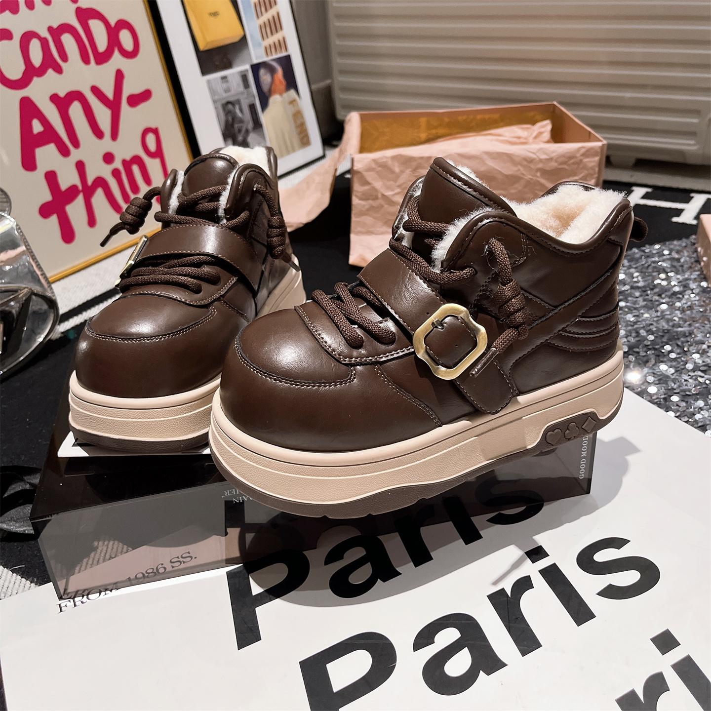 Leather wool metal buckle snow cotton boots white leather short boots big head bread shoes women s shoes 40