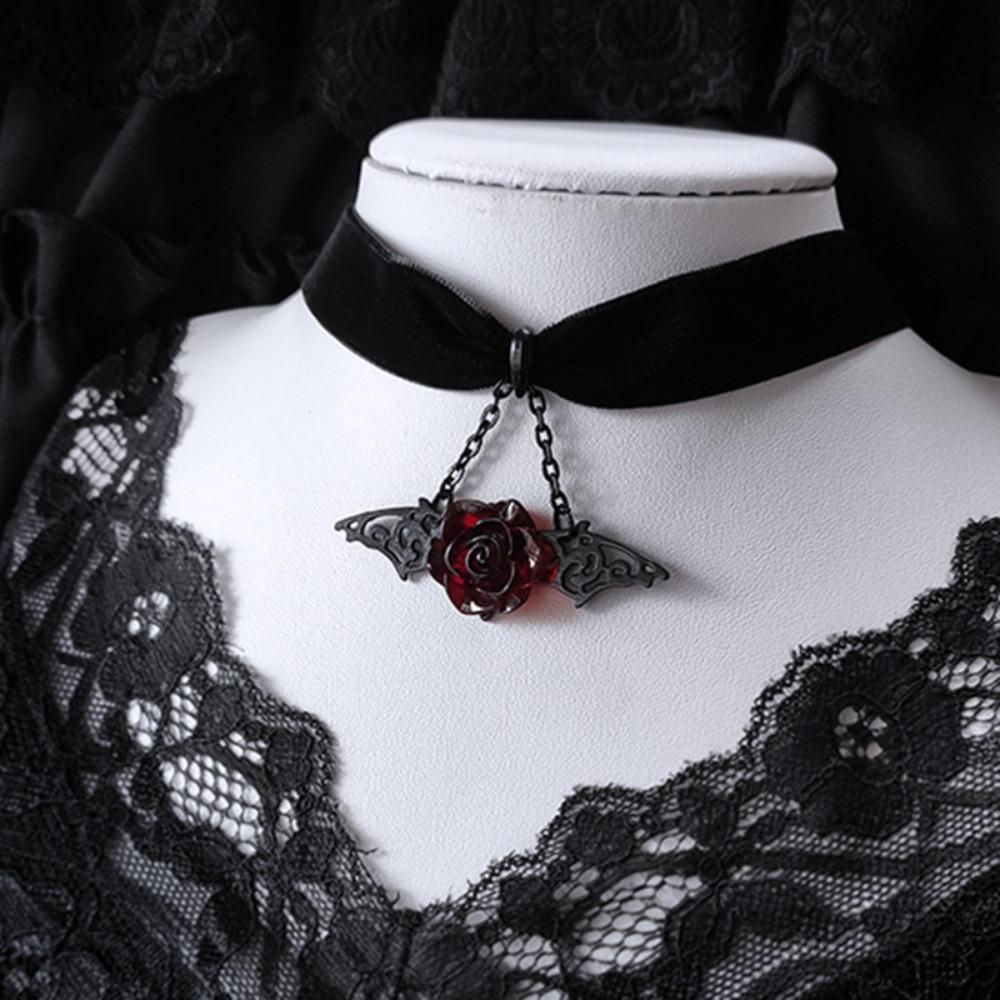 Gothic Black Hollowed-out Vampire Bat Wings Stereo Red Rose Flower Pendant Velvet Necklace for Women Halloween Choker Jewelry