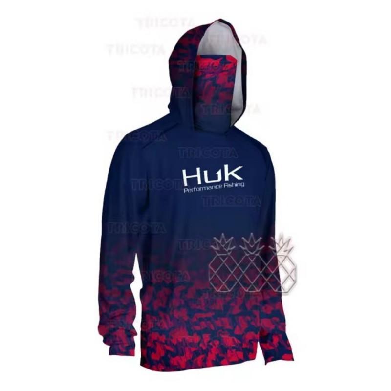 HUK Men's Long-Sleeved Hooded Mask Fishing Clothing Anti-UV Shirts