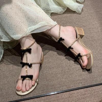 Fashion Square Heel Sandals New Summer Round Head Crystal Thin Ribbon Butterfly Knot Soft Sole Non-slip Mid-heel Shoes