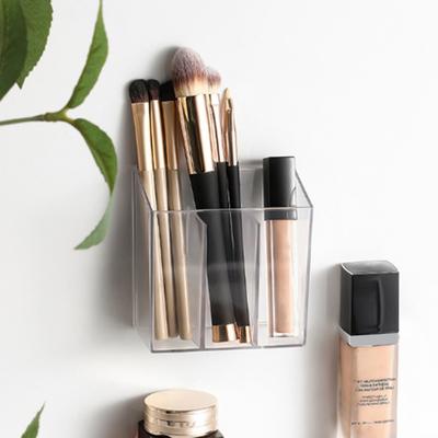 Portapennelli da Trucco Trasparente Scatola Portaoggetti da Parete con Ganci Adesivi Cosmetico Scompartimentato
