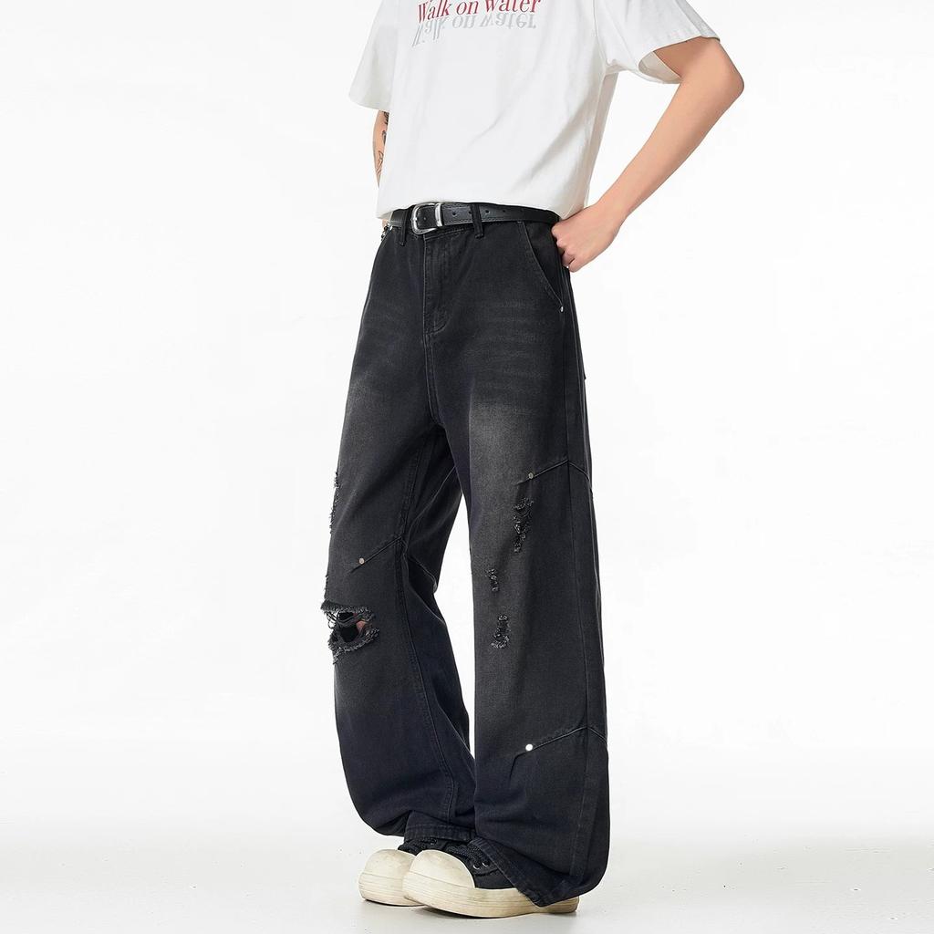 American retro ruffian handsome old ripped jeans men's and women's new high street loose straight wide-leg trousers
