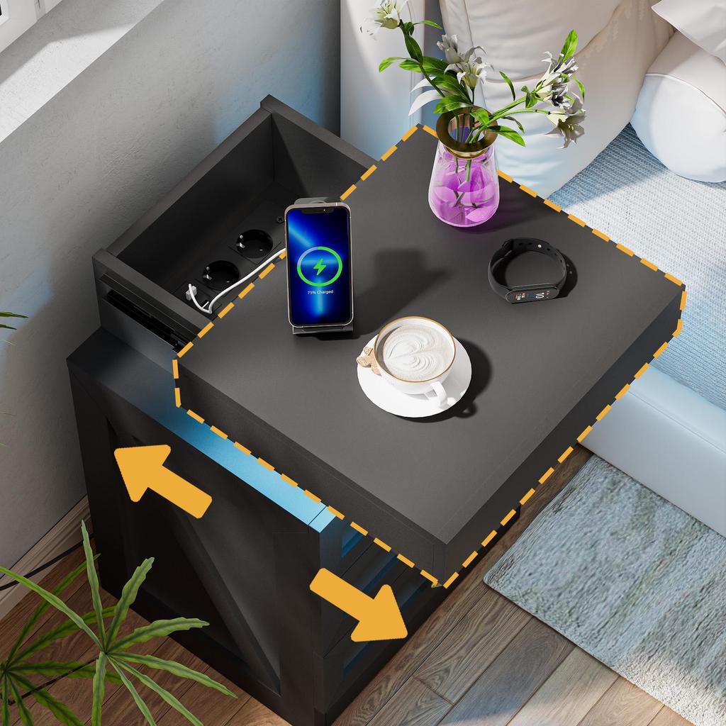 Bedside table, three drawers, with charging station, 2 AC power outlets/2 USB ports, European standard plug, black.