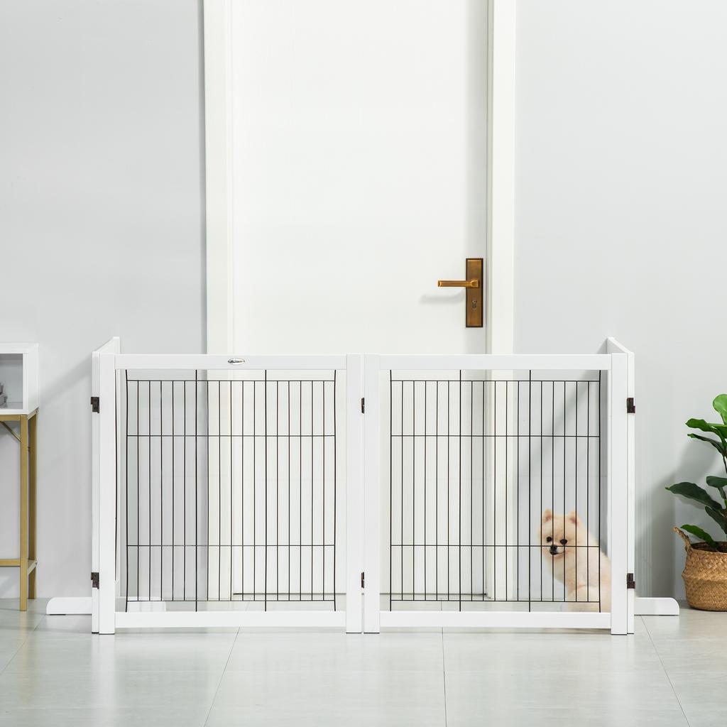 Dog Barrier Gate Freestanding Protective Gate with Feet 305 x 82 cm Wood Dog Gate Foldable Stair Safety Gate Dog Barrier Gate for Stairs, Doors