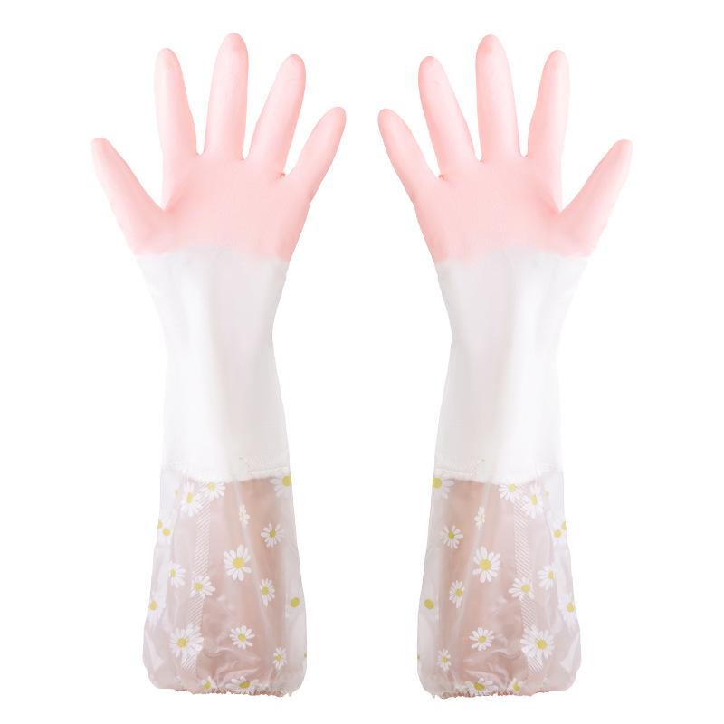 Thickened Non-Slip PVC Dishwashing Gloves with Lined Floral Sleeves - Durable, Extended Length for Enhanced Cleaning