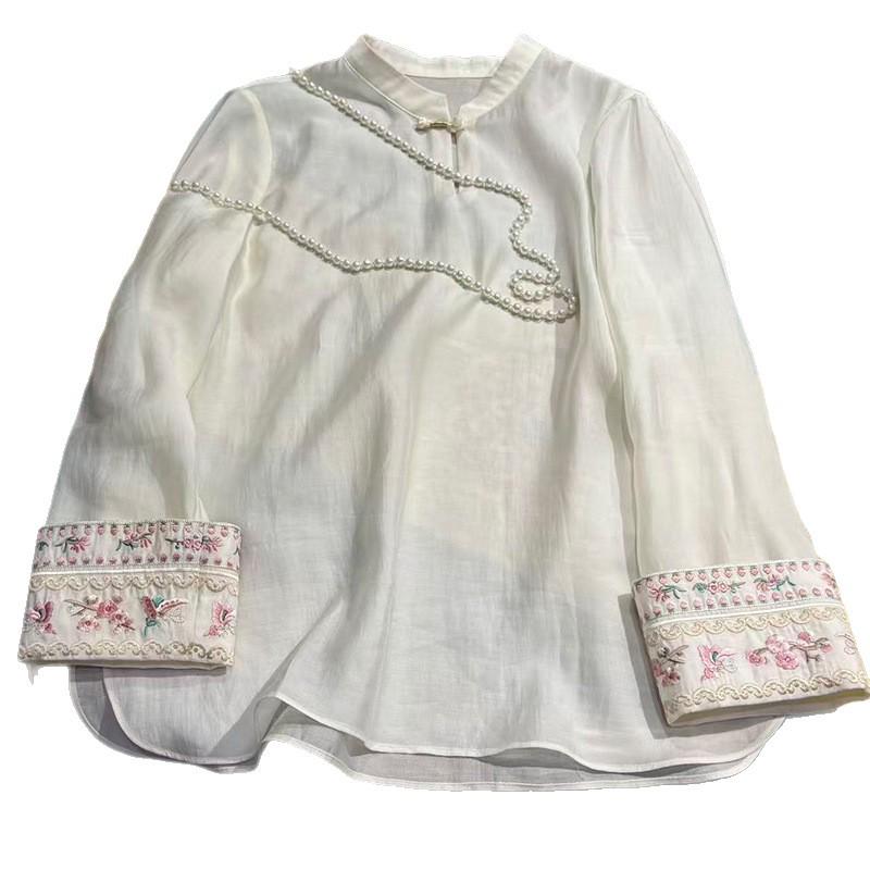 2026 Early Spring Women's Tencel Embroidery Patchwork Long Sleeve Shirt - Chinese Style Base Layer Top