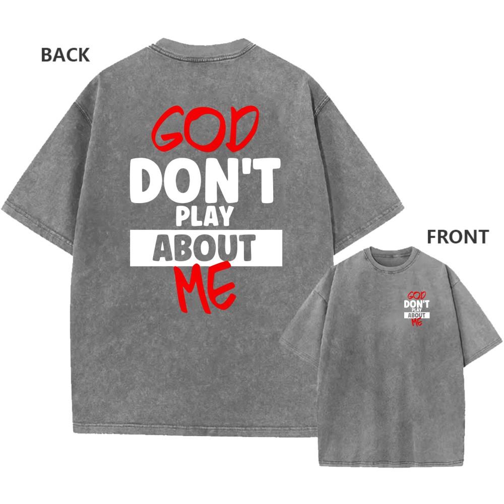 Mens Vintage Oversized Washed TShirt Retro Faith God Dont Play Casual Tee