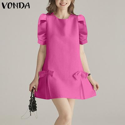 Καλοκαιρινό Γυναικείο Κοντομάνικο Φουσκωτό Μίνι Φόρεμα Sundress με Κόμπο-Φιόγκο Casual Χαλαρό