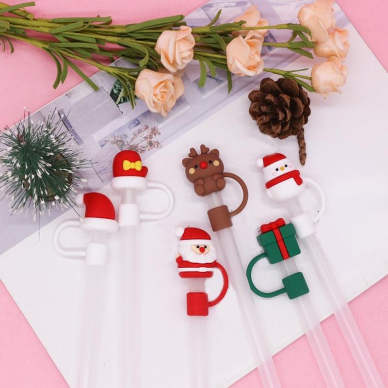 6pc Cartoon Christmas Silicone Straw Covers Cap Drinking Straw Tip Lids Reusable