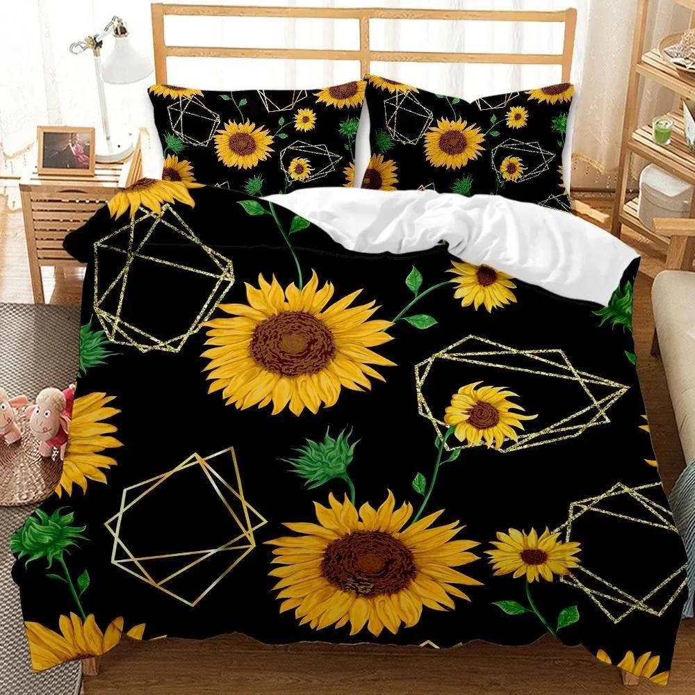 Solros Påslakanset Gul Blomma Sängkläder Set Solros Botanisk Blommig Trädgård Blomtryck på Svart Polyester Quiltöverdrag