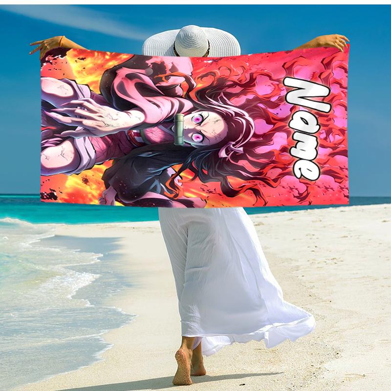 Personalized customized proof beach towel with Demon Slayer Nezuko pattern - soft, absorbent, quick-drying, perfect swimming, camping&bathing