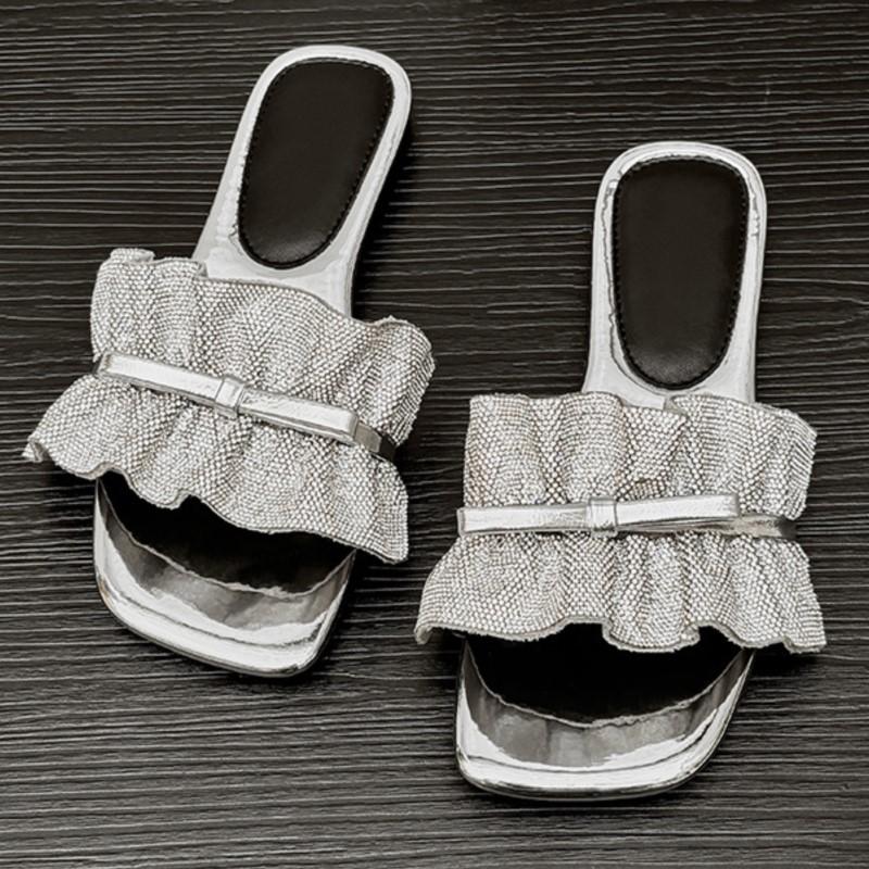 Fashion 2025 Summer New Square Toe Solid Color Plus Size One Strap Bowknot Flat High-End Sandals for Women Anti-Slip Outdoor Slides