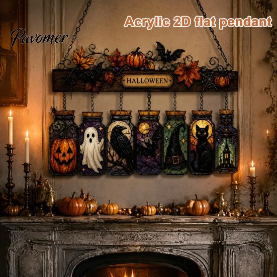 Transparent Three Dimensional Decor Halloween Acrylic Suncatcher, Stained Glass Style Pumpkin Ghost Potion Bottles Window Creative Hanging Gift Ideas