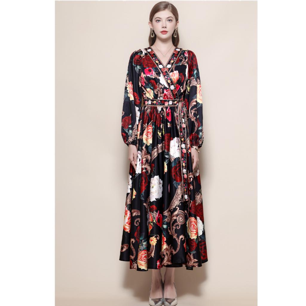Bohemian Floral Printed Long Dress for Women Fashion V-neck Long Sleeve Oversized Maxi Dress Lady 2026 Chic Vacation Dress Robes