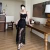 Black lace pure desire sexy slightly transparent double-layer splicing suspender dress femininity retro spice hip-wrapped long dress