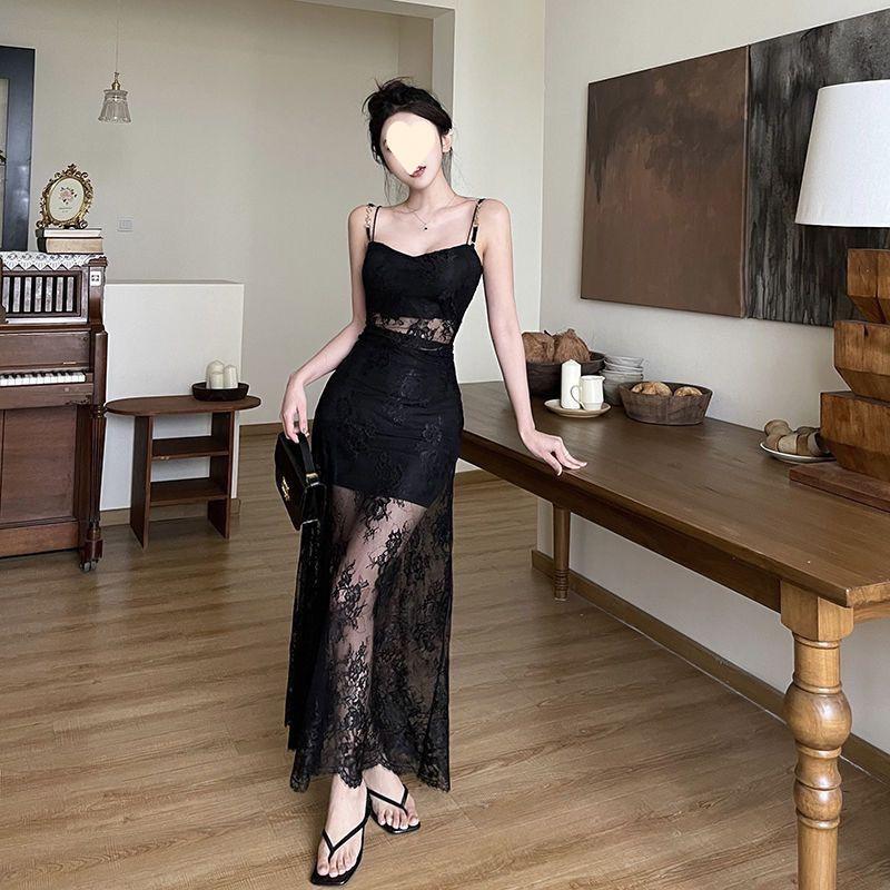 Black lace pure desire sexy slightly transparent double-layer splicing suspender dress femininity retro spice hip-wrapped long dress