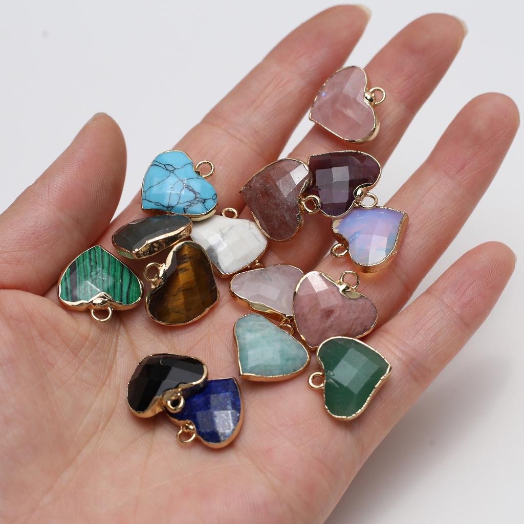 3Pcs, Heart Crystal Pendant with Golden Edging, Faceted Natural Stone Lapis Lazuli Malachite Turquoise Charms for Jewelry Making DIY Crafts 18×18mm