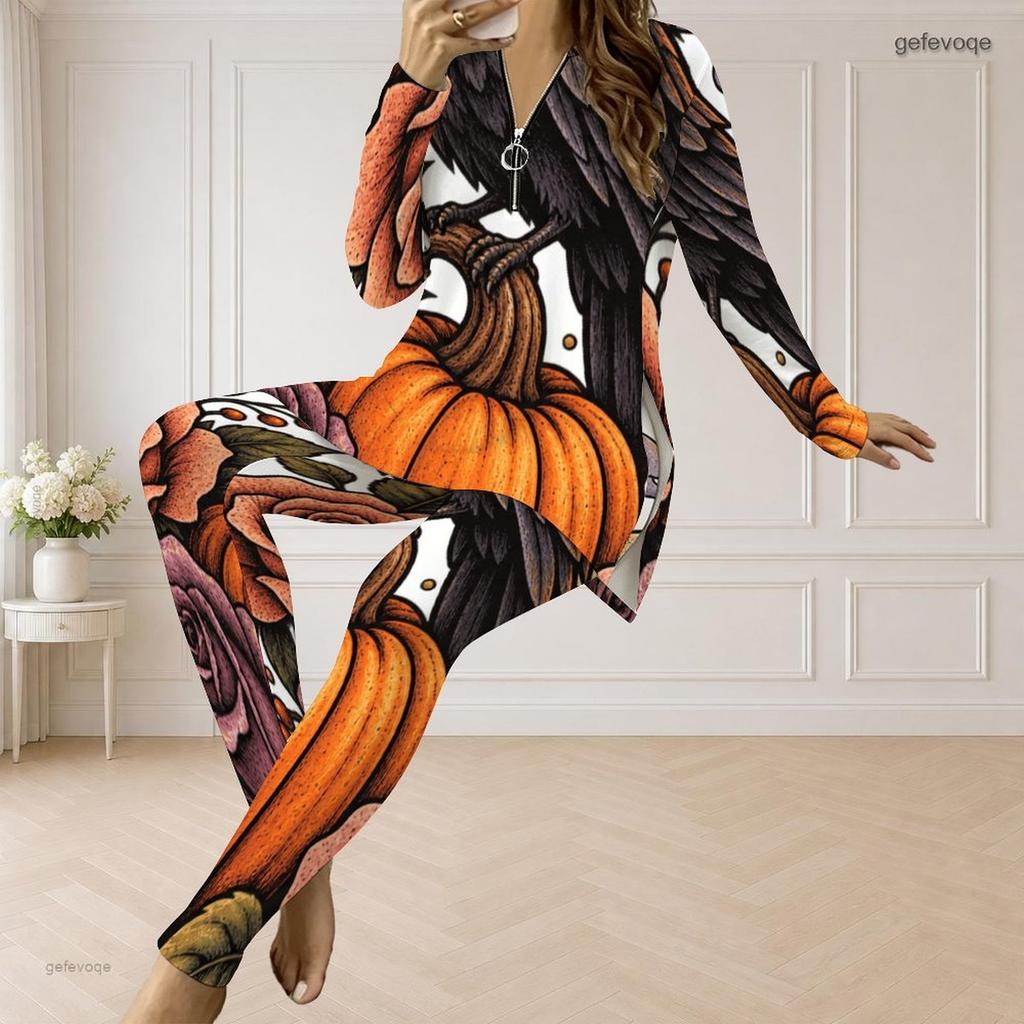 Women Plus Size Fall Pumpkin Printed Front Zip Long Sleeve Longline Top Fitted Pants Two Piece Set