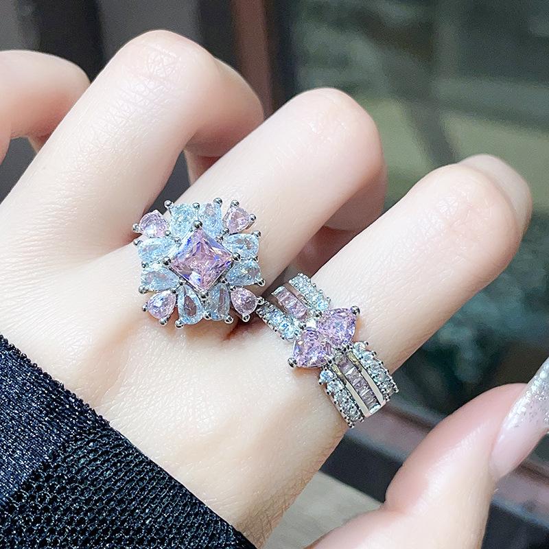 Niche Design Pear-Shaped Pink Zircon Multi-Layer Snake-Shaped Sweet And Cool Personality Open Ring Women'S Light Luxury High-End Ring