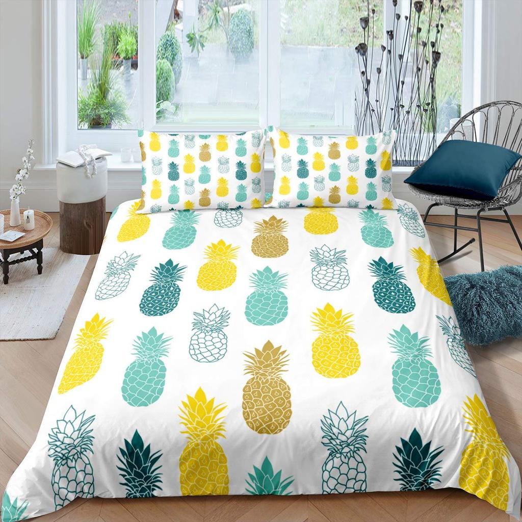 Funny Pattern Pineapple Bedding Set Decor Quilted 3 Piece Cover Set With 2 Pillow Shams, Twin Full Queen King Size Room Decor