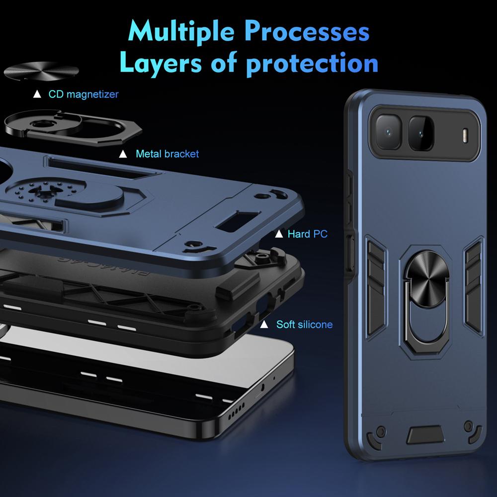 KEYSION Shockproof Armor Case for Infinix Hot 60i 5G Soft Silicone+PC Metal Ring Stand Phone Back Cover for Infinix Hot 60i 5G