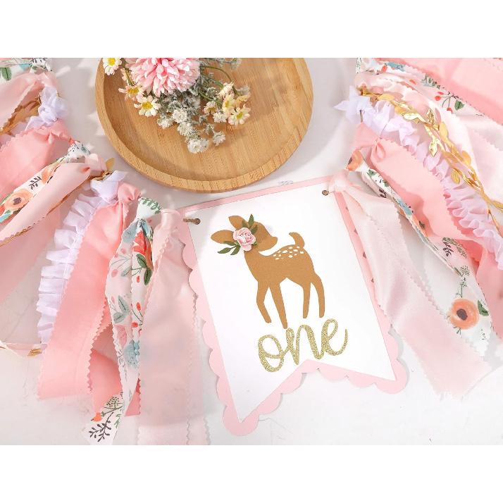 Deer Floral Girl High Chair Banner - Little Miss One-Deerful Highchair Banner, Woodland 1st Birthday Decoration for Girls, Deer Girl Floral 1st