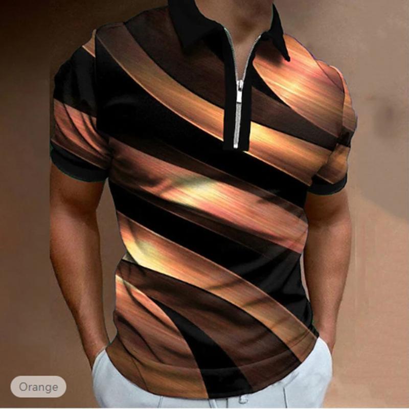 Tricou casual cu rever Tricou cu fermoar la modă pentru bărbați tineri Tricou cu mânecă scurtă Tricou cu imprimare diagonală 3D pentru bărbați