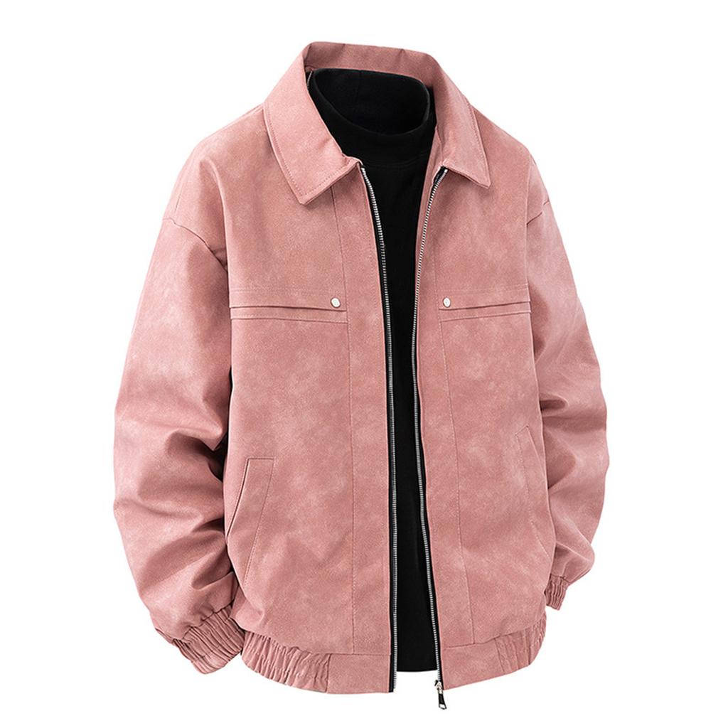 Men's Retro Solid Color Lapel Leather Jacket Casual Sports Loose Coat