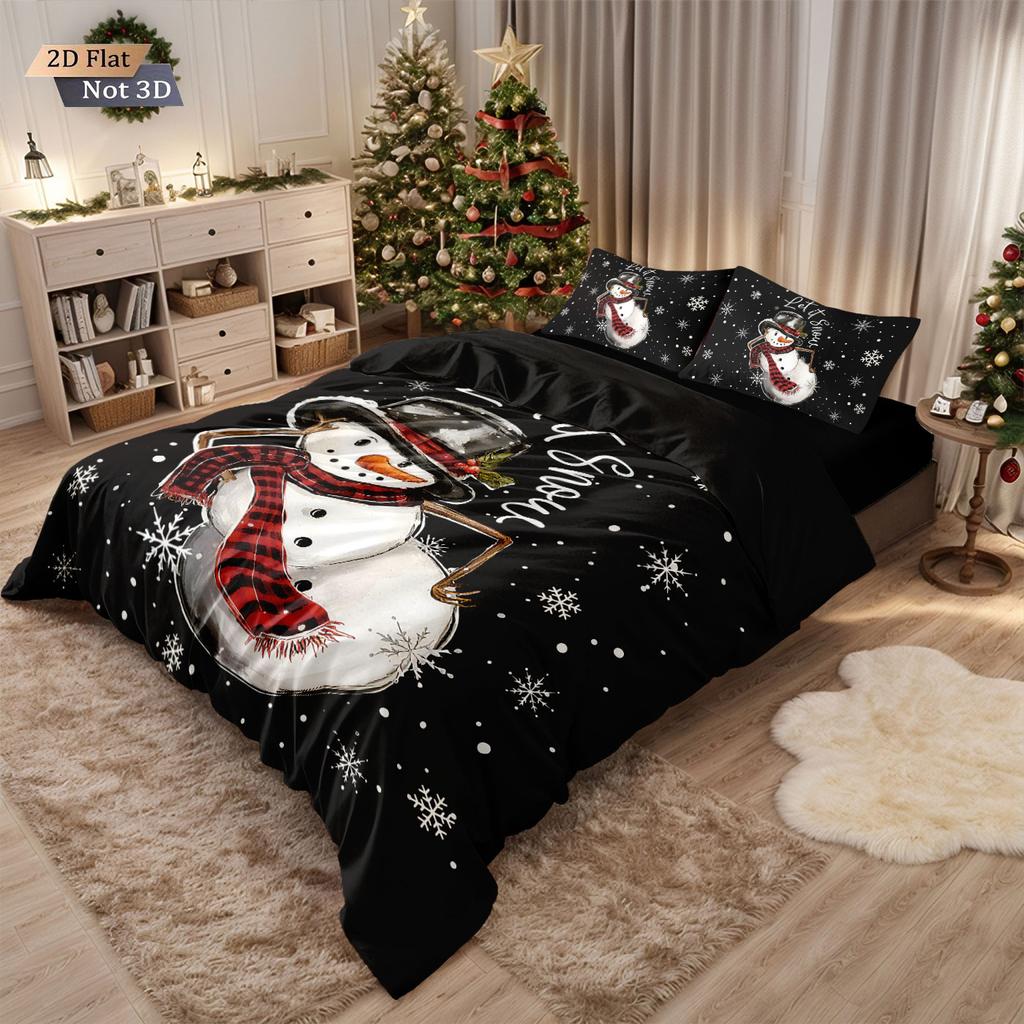 3Pcs Merry Christmas Cartoon Snowman Printed Chipless Bedding Set Multi Size Bedroom Bedding Holiday Decoration Machine Washable