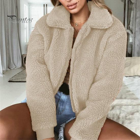 Lapel Women Jacket Winter Coat Thick Plush Solid Color Long Sleeve Zip Up Soft Warm Pockets Casual Elastic Cuff Outdoor Short Cold Weather
