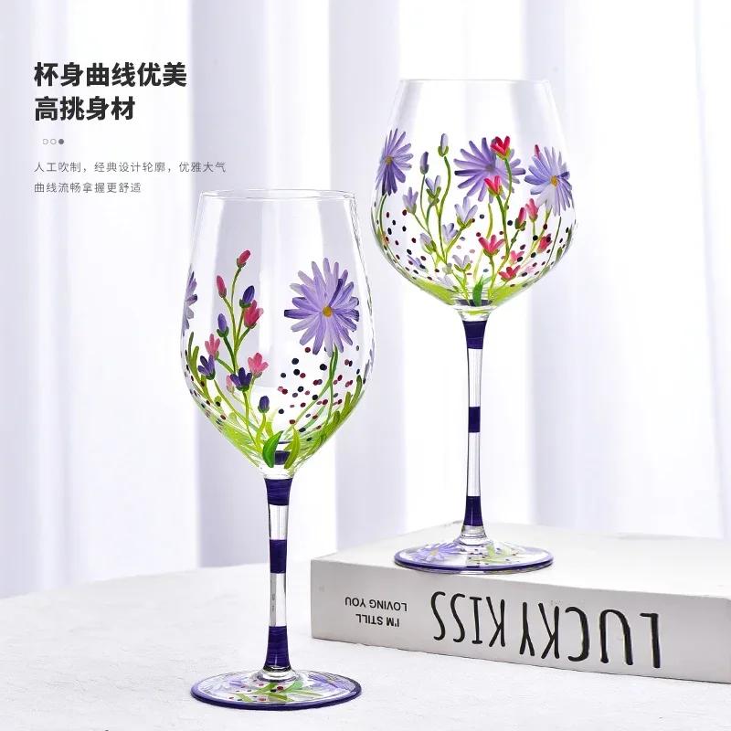 1piece Colored Plant Pattern High Legged Red Wine Glass Summer Natural Pattern Thickened Glass Cup Beer Glasses And Tall Glasses